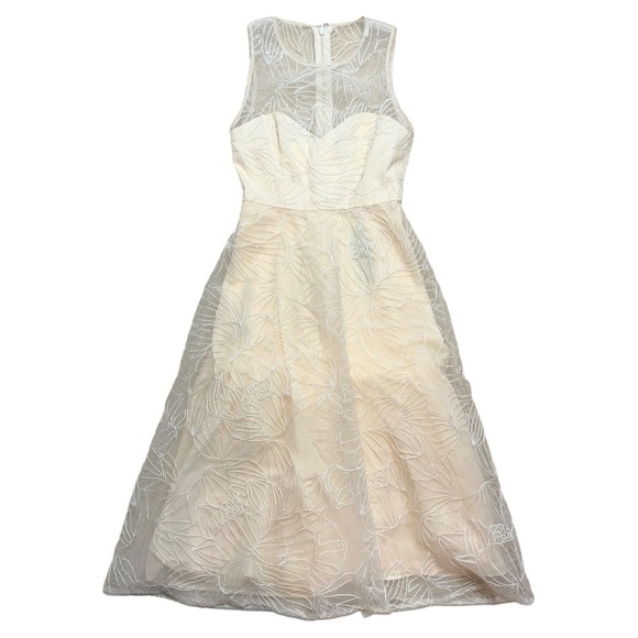 BCBGMAXAZRIA Ivory Cream Metallic Floral Embroidered Midi Dress Women’s US 0 - Picture 2 of 9